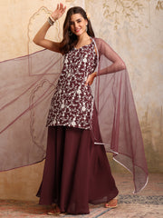 Floral Thread & Sequinned Embroidered Kurta & Palazzos With Dupatta