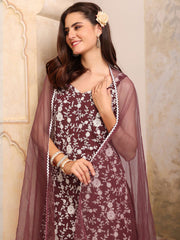 Floral Embroidered Sweetheart Neck Sequinned Kurti With Palazzos & Dupatta