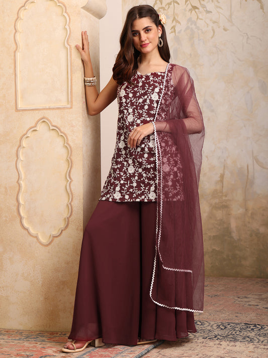Floral Embroidered Sweetheart Neck Sequinned Kurti With Palazzos & Dupatta
