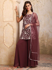 Floral Embroidered Sweetheart Neck Sequinned Kurti With Palazzos & Dupatta