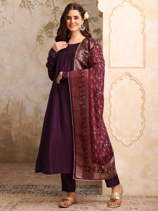Round Neck A-Line Kurta With Trousers & Dupatta