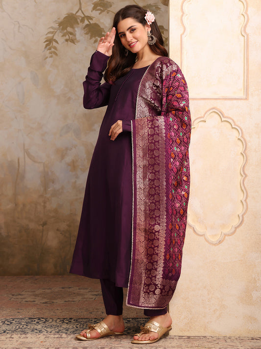 Round Neck A-Line Kurta With Trousers & Dupatta
