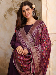 Round Neck A-Line Kurta With Trousers & Dupatta