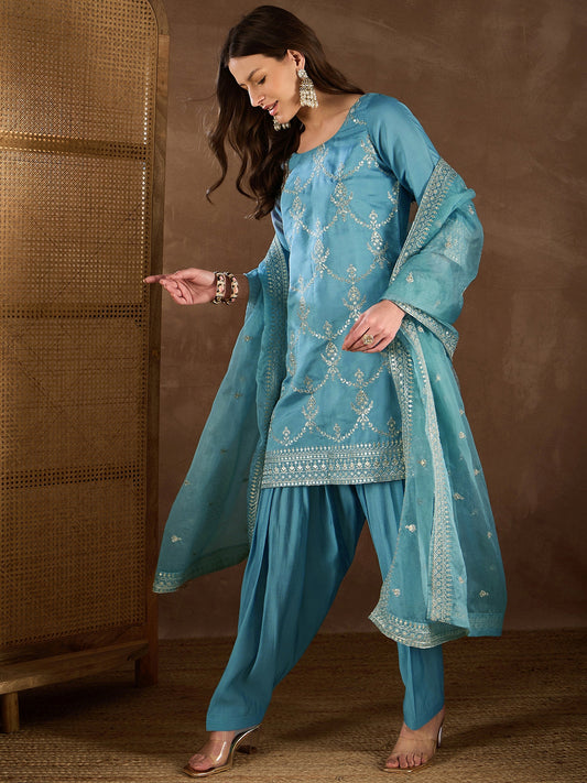 Women Ethnic Motifs Embroidered Regular Thread Work Kurta with Patiala & With Dupatta