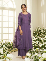 Floral Yoke Design Round Neck Sequinned Anarkali Kurta With Palazzos & Dupatta