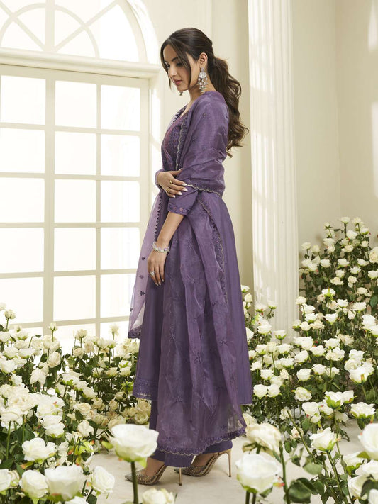 Floral Yoke Design Round Neck Sequinned Anarkali Kurta With Palazzos & Dupatta