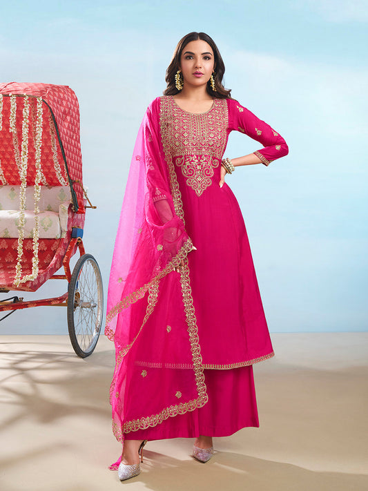Floral Embroidered Round Neck Sequinned Anarkali Kurta With Palazzos & Dupatta