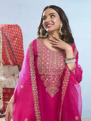 Floral Embroidered Round Neck Sequinned Anarkali Kurta With Palazzos & Dupatta