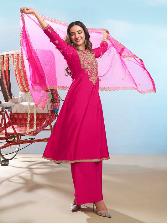 Floral Embroidered Round Neck Sequinned Anarkali Kurta With Palazzos & Dupatta