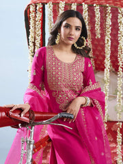Floral Embroidered Round Neck Sequinned Anarkali Kurta With Palazzos & Dupatta