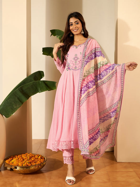 Women Embroidered Thread Work Kurta with Trousers & Dupatta