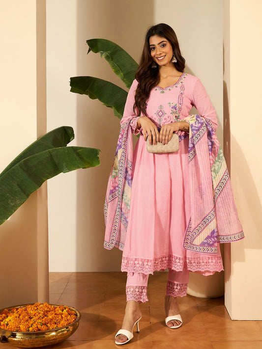 Women Embroidered Thread Work Kurta with Trousers & Dupatta