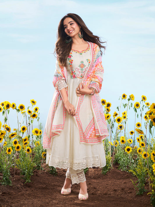Women Floral Embroidered Regular Thread Work Kurta with Trousers & With Dupatta