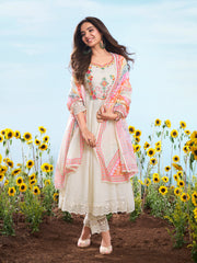 Women Floral Embroidered Regular Thread Work Kurta with Trousers & With Dupatta