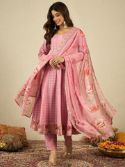 Women Floral Embroidered Anarkali Kurta with Trousers & Dupatta