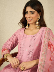 Women Floral Embroidered Anarkali Kurta with Trousers & Dupatta