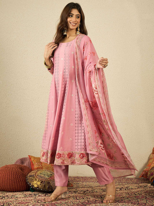 Women Floral Embroidered Anarkali Kurta with Trousers & Dupatta