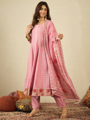 Women Floral Embroidered Anarkali Kurta with Trousers & Dupatta