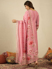 Women Floral Embroidered Anarkali Kurta with Trousers & Dupatta