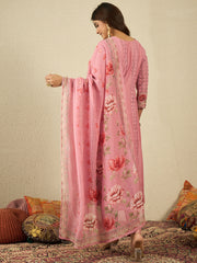 Women Floral Embroidered Anarkali Kurta with Trousers & Dupatta