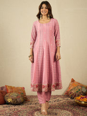 Women Floral Embroidered Anarkali Kurta with Trousers & Dupatta