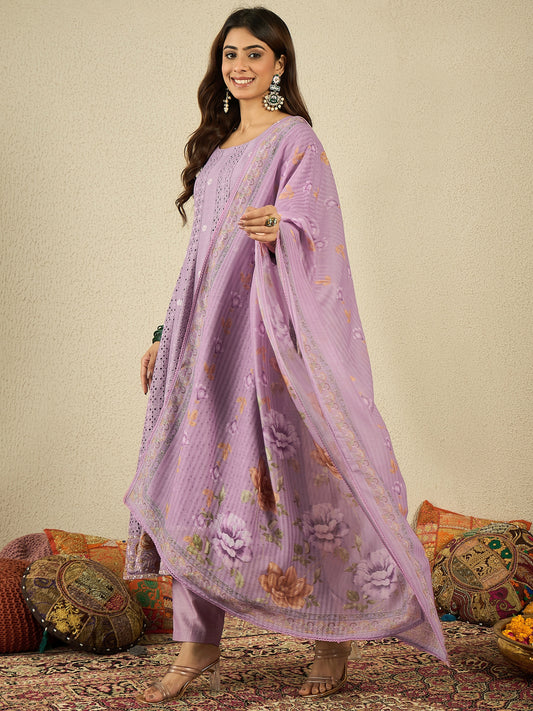 Women Floral Embroidered A-Line Kurta with Trousers & Dupatta