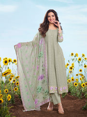 Floral Embroidered Round Neck Chikankari Anarkali Kurta & Trousers With Dupatta