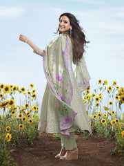 Floral Embroidered Round Neck Chikankari Anarkali Kurta & Trousers With Dupatta