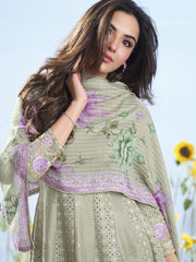 Floral Embroidered Round Neck Chikankari Anarkali Kurta & Trousers With Dupatta