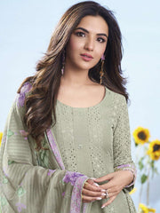 Floral Embroidered Round Neck Chikankari Anarkali Kurta & Trousers With Dupatta