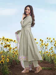 Floral Embroidered Round Neck Chikankari Anarkali Kurta & Trousers With Dupatta