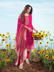 Floral Embroidered Sequnnied Jacquard Straight Kurta & Trousers With Dupatta