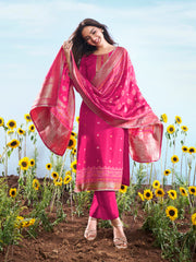 Floral Embroidered Sequnnied Jacquard Straight Kurta & Trousers With Dupatta