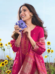 Floral Embroidered Sequnnied Jacquard Straight Kurta & Trousers With Dupatta