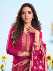 Floral Embroidered Sequnnied Jacquard Straight Kurta & Trousers With Dupatta