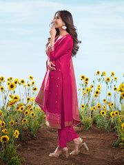 Floral Embroidered Sequnnied Jacquard Straight Kurta & Trousers With Dupatta
