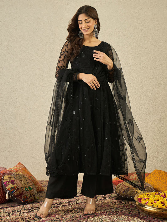 Women Floral Thread and Sequinned Embroidered Anarkali Kurta & Palazzo with Dupatta