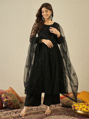 Women Floral Thread and Sequinned Embroidered Anarkali Kurta & Palazzo with Dupatta