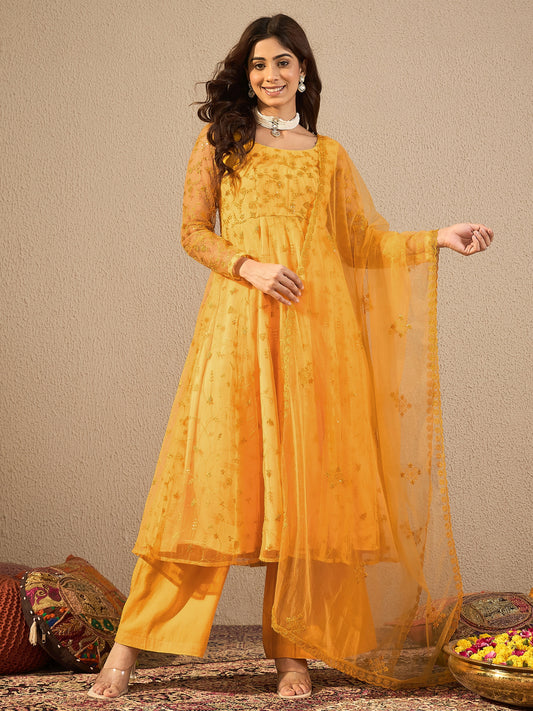 Women Floral Embroidered Regular Thread Work Kurta with Palazzos & Dupatta