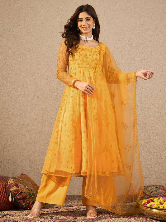 Women Floral Embroidered Regular Thread Work Kurta with Palazzos & Dupatta