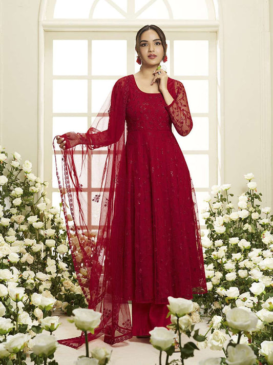 Floral Embroidered Round Neck Sequinned Anarkali Kurta With Palazzos & Dupatta