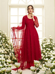 Floral Embroidered Round Neck Sequinned Anarkali Kurta With Palazzos & Dupatta
