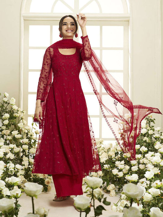Floral Embroidered Round Neck Sequinned Anarkali Kurta With Palazzos & Dupatta