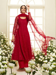 Floral Embroidered Round Neck Sequinned Anarkali Kurta With Palazzos & Dupatta
