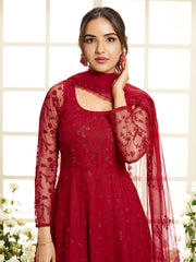 Floral Embroidered Round Neck Sequinned Anarkali Kurta With Palazzos & Dupatta