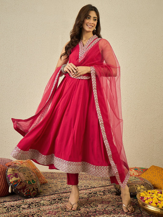 Women Floral Zari and Sequinned Embroidered Anarkali Kurta Set with Dupatta