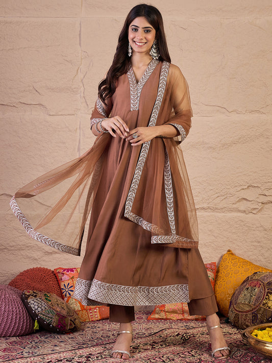 Women Floral Zari and Sequinned Embroidered Anarkali Kurta Set with Dupatta