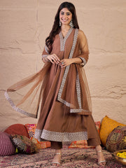 Women Floral Zari and Sequinned Embroidered Anarkali Kurta Set with Dupatta