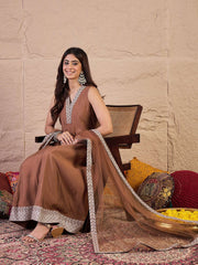 Women Floral Zari and Sequinned Embroidered Anarkali Kurta Set with Dupatta