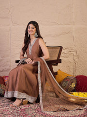 Women Floral Zari and Sequinned Embroidered Anarkali Kurta Set with Dupatta